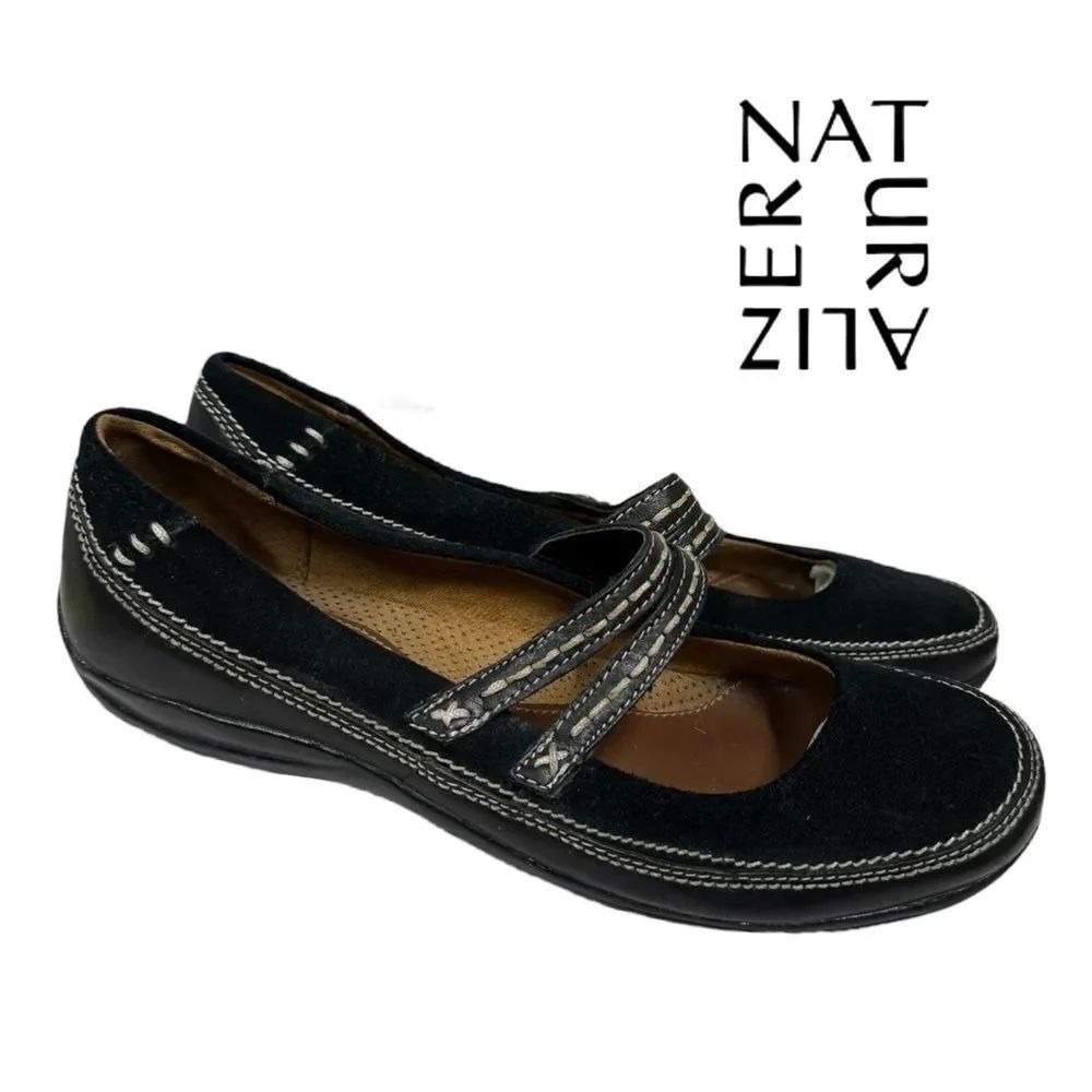 Natural Soul by Naturalizer Black Leather Mary Jane Flats 8